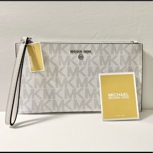 Michael Kors Jet Set Charm Large Zip Clutch Wristlet Wallet Bright White